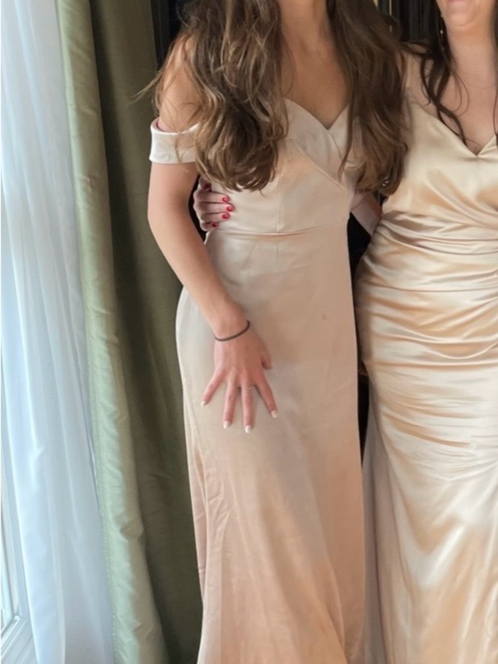 Bardot Blush Champagne Off-Shoulder Satin Gown